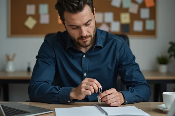 Homme attachant un traceur Bluetooth à ses clés dans un bureau à domicile moderne, symbolisant l'utilisation de Rabbit Finder pour ne plus perdre ses objets