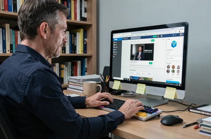 Homme utilisant un VPN pour regarder des films en streaming en toute sécurité sur son ordinateur de bureau