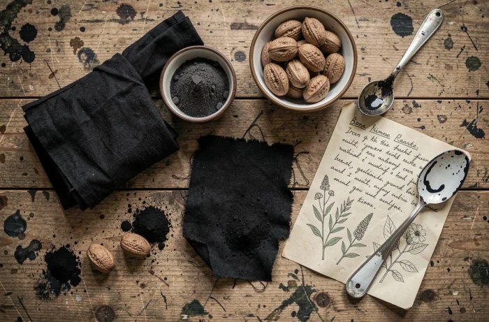 Vue rapprochée des ingrédients naturels et outils pour teindre des vêtements en noir de manière écologique