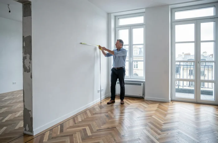 Un homme mesure les dimensions d'un appartement vide rénové avec du parquet en arête de poisson