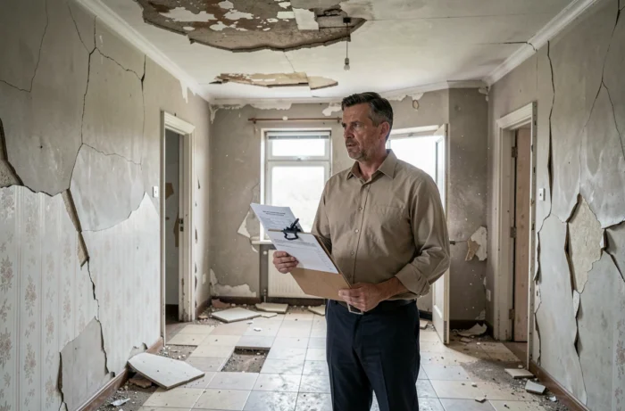 Propriétaire inspectant une maison inhabitable en vue d'une déclaration fiscale, avec murs fissurés et dégradations visibles
