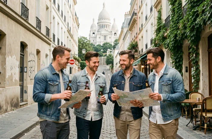 Groupe d'hommes suivant un jeu de piste brassicole dans les ruelles pavées de Montmartre