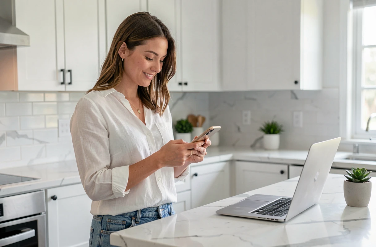 Jeune femme utilisant son smartphone et son ordinateur portable dans sa cuisine pour gérer ses activités en ligne
