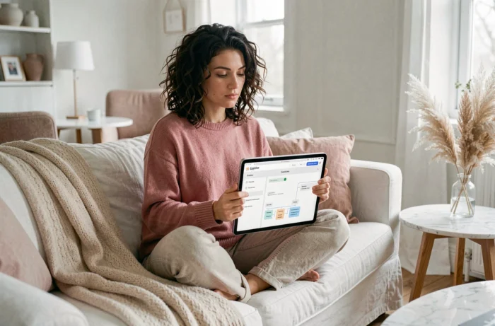 Jeune femme consultant la carte du site Maman Chic sur une tablette dans un salon scandinave