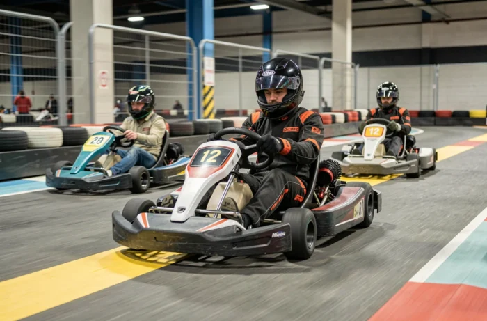 Pilotes en karting indoor dans une salle de karting parisienne lors d'un enterrement de vie de garçon