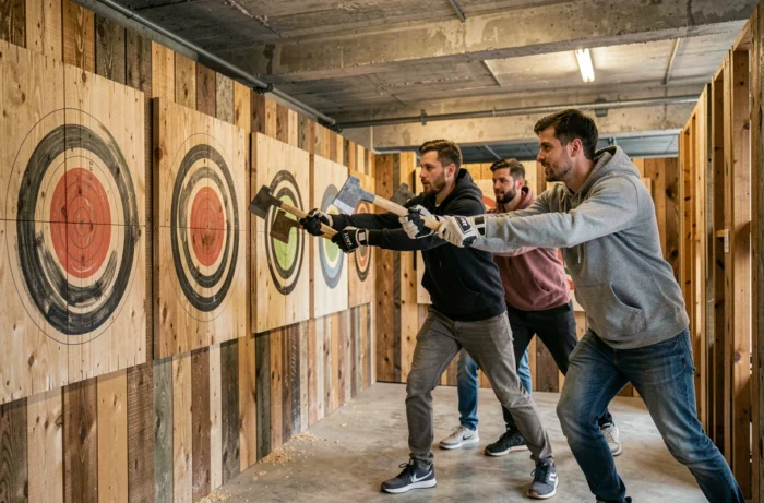 Groupe de garçons lançant des haches sur des cibles en bois dans une salle de lancer de haches à Paris République