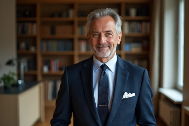 Portrait d'un homme politique français en costume bleu marine dans un appartement parisien moderne, illustrant la vie privée de Laurent Jacobelli