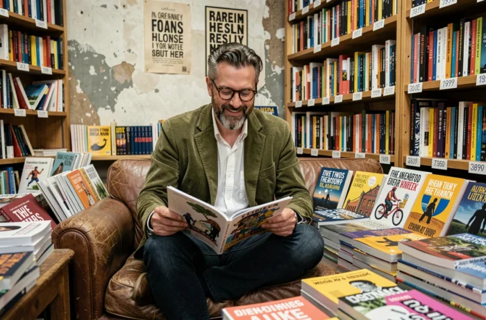Homme passionné de littérature feuilletant une revue artistique décalée dans une librairie indépendante