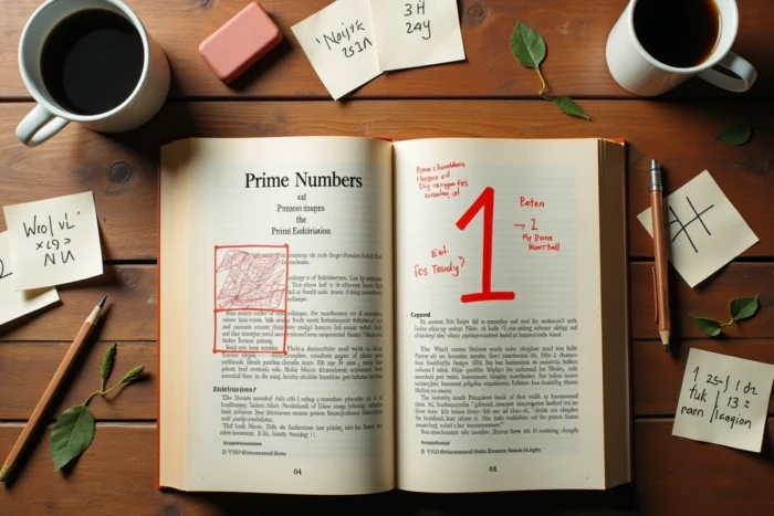 Vue de dessus d'un bureau avec un livre de mathématiques ouvert sur la définition des nombres premiers et des annotations manuscrites autour du chiffre 1