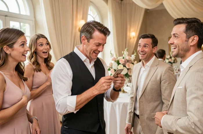 Magicien professionnel réalisant un tour de cartes pour des invités ébahis lors d'un cocktail de mariage dans un château élégant
