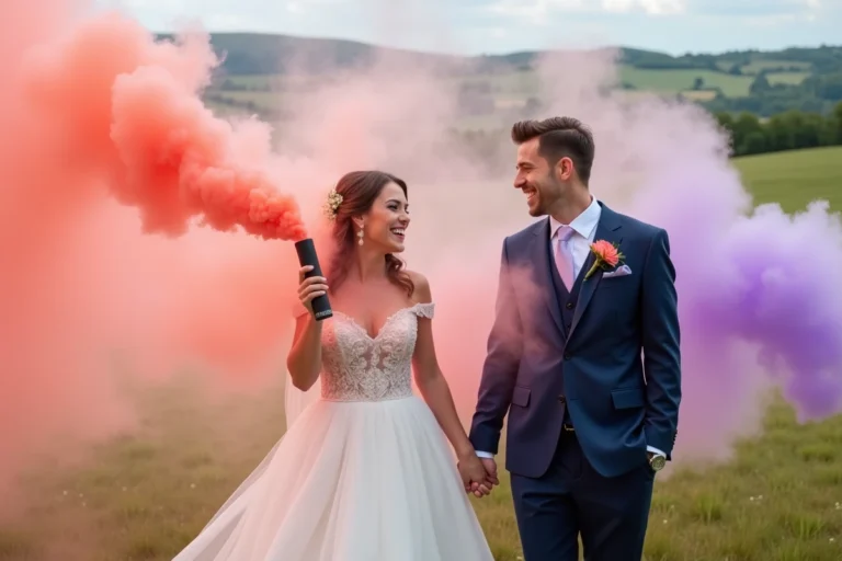 Mariés tenant des fumigènes colorés corail et lavande dans une prairie verdoyante lors de leur cérémonie de mariage en plein air