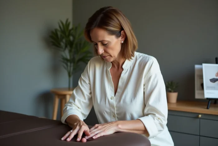 Masseuse professionnelle testant la fermeté du rembourrage d'une table de massage portable dans une salle de consultation