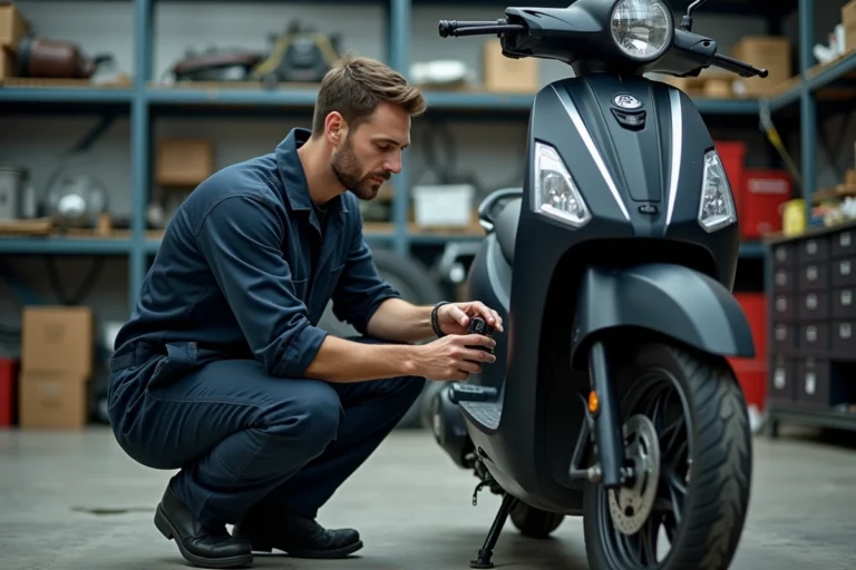 Mécanicien inspectant le câble d'accélérateur d'un scooter urbain dans un atelier de réparation professionnel
