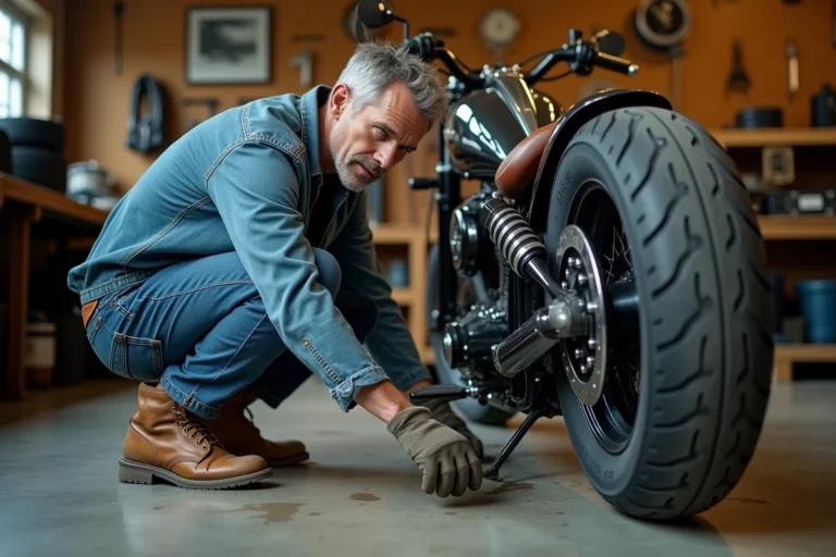 Mécanicien expert inspectant les pneus d'une moto custom dans un atelier professionnel