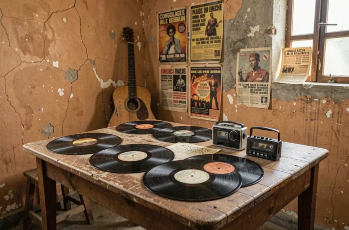 Objets vintage et vinyles de la rumba congolaise sur une table en bois à Kinshasa, évoquant l'héritage musical de Papa Wemba