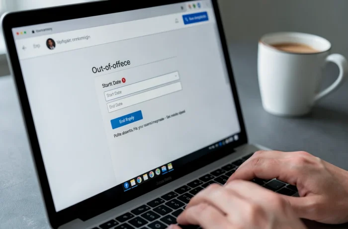 Écran d'ordinateur montrant la configuration d'un message d'absence automatique avec les champs de dates et le texte de réponse automatique