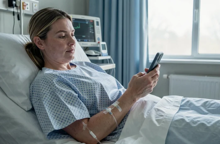Femme hospitalisée allongée dans un lit d'hôpital envoyant un message pour prévenir de son hospitalisation imprévue