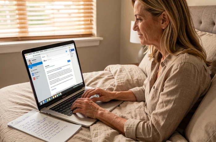 Femme malade rédigeant un e-mail de passation de dossiers urgents depuis son lit avec des notes manuscrites à côté