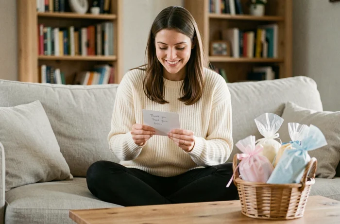 Jeune maman souriante écrivant un message de remerciement pour un cadeau de naissance dans un salon cosy