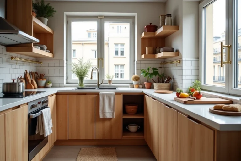 Meuble d'angle ingénieux dans une petite cuisine parisienne avec rangements rotatifs et étagères intégrées