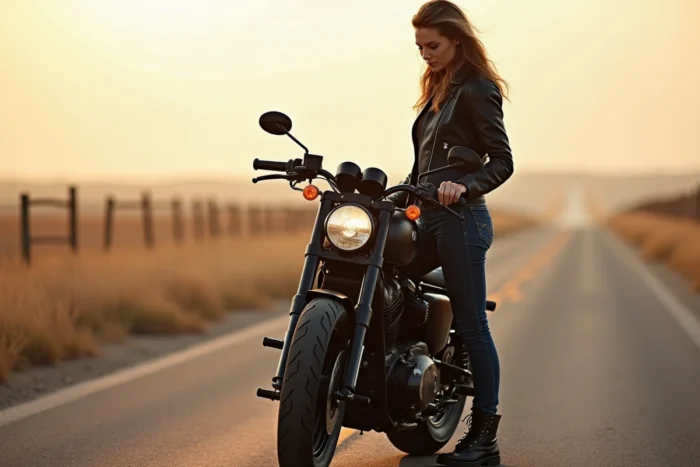 Femme motarde inspectant le pneu avant de sa moto custom bobber sur une route de campagne