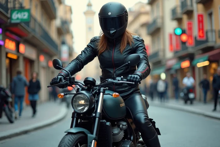 Motarde respectant l'équipement obligatoire légal en Espagne à un feu rouge en ville avec casque modulable, veste blindée et gants de protection