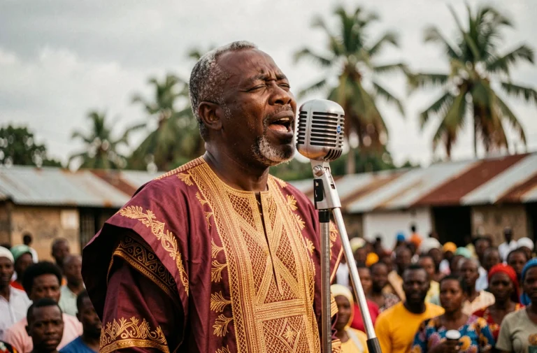 Musicien congolais en boubou brodé performant sur scène à Kinshasa, hommage à l'héritage de la rumba congolaise de Papa Wemba