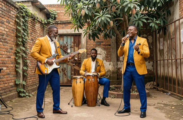 Trois musiciens congolais en tenues sapeur répétant dans une cour de Kinshasa, illustrant l'héritage culturel et musical de Papa Wemba