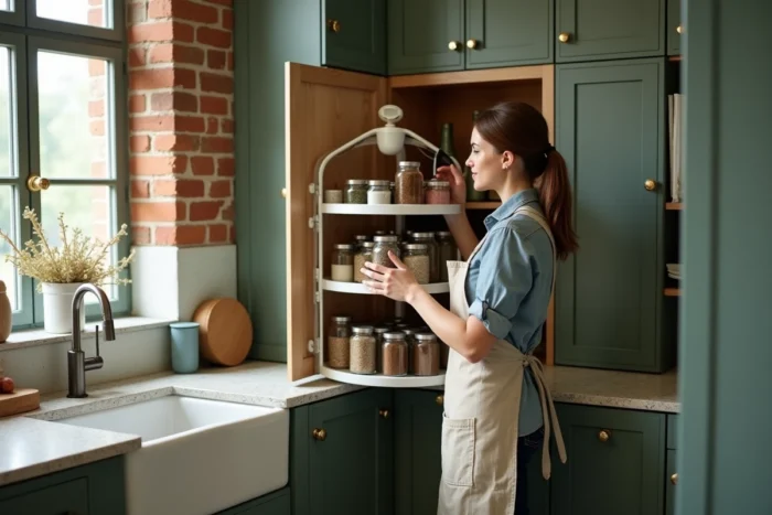Femme organisant un meuble d'angle à carrousel dans une cuisine verte avec plan de travail en terrazzo