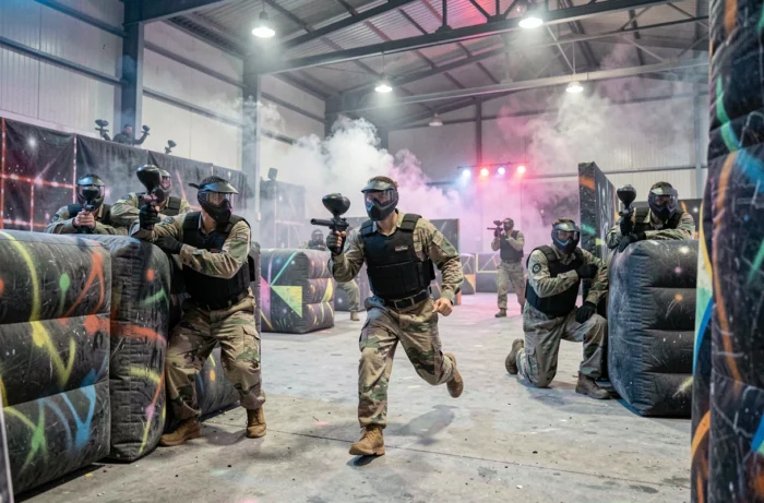 Groupe de joueurs en combinaison de paintball s'affrontant dans une salle de paintball indoor près de Pantin