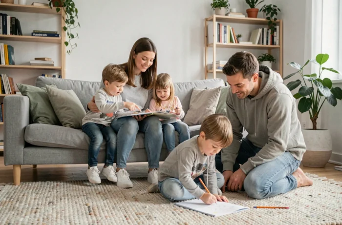Parents aidant leurs enfants à faire leurs devoirs dans un salon moderne au style scandinave