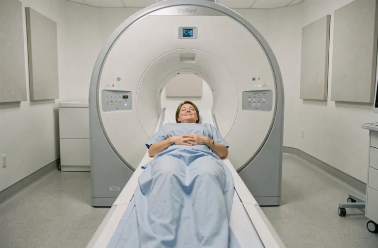 Patiente âgée allongée dans un scanner IRM ouvert, expression détendue et sereine dans une salle de radiologie moderne