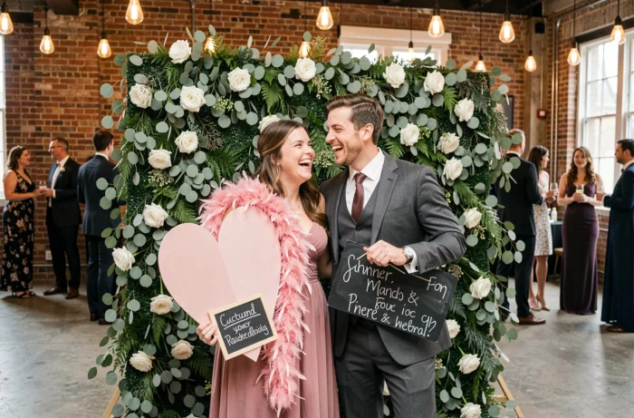 Invités de mariage s'amusant dans un photobooth décoré d'un mur de verdure et d'accessoires originaux lors d'une réception festive