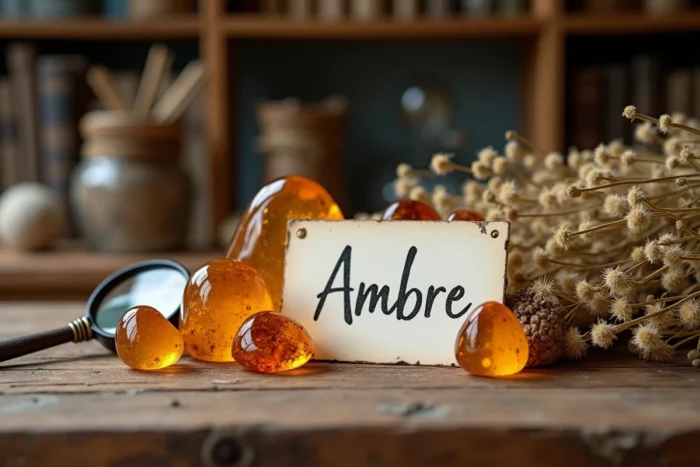 Pierres d'ambre brutes et calligraphie du prénom Ambre sur une table en bois rustique, illustrant l'origine et la signification du prénom