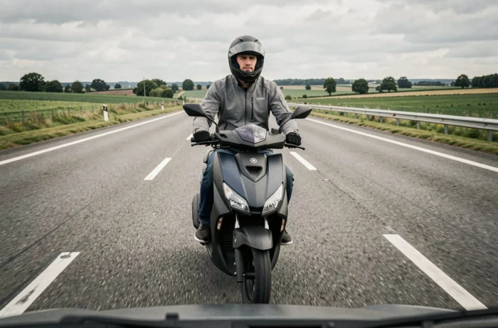 Pilote sur Yamaha Xmax 125 en route sur une nationale, vue de suivi depuis un véhicule, flou de mouvement sur la roue arrière