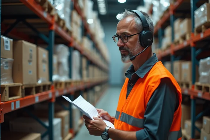 Portrait d'un préparateur de commandes Amazon en équipement de sécurité consultant une liste de prélèvement la nuit