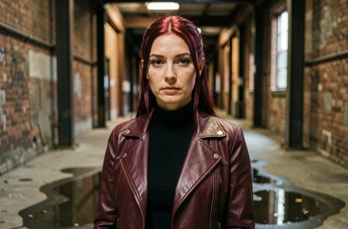 Portrait éditorial d'une femme rousse en veste en cuir dans un couloir industriel, héroïne style Avengers