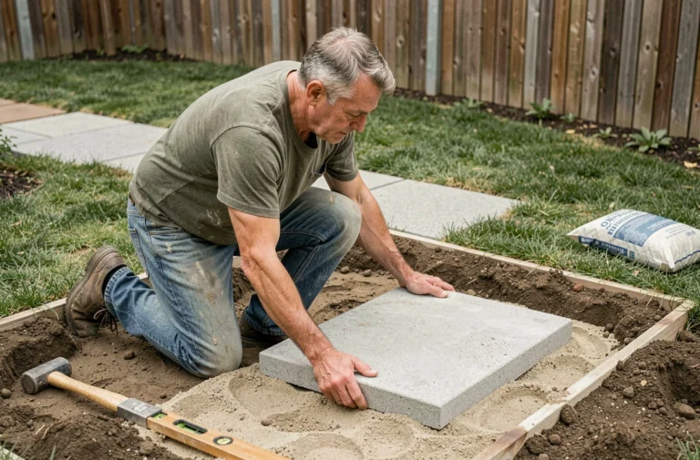 Homme posant une dalle de jardin en béton sur un lit de sable dans une allée en cours de réalisation