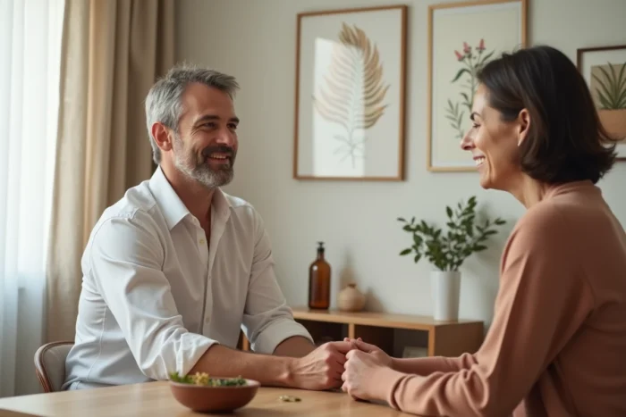 Praticien naturopathe en consultation avec une patiente dans un cabinet professionnel décoré avec des plantes médicinales