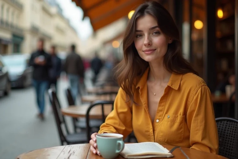 Jeune femme prénommée Ambre assise dans un café parisien, évoquant la douceur et l'élégance du prénom