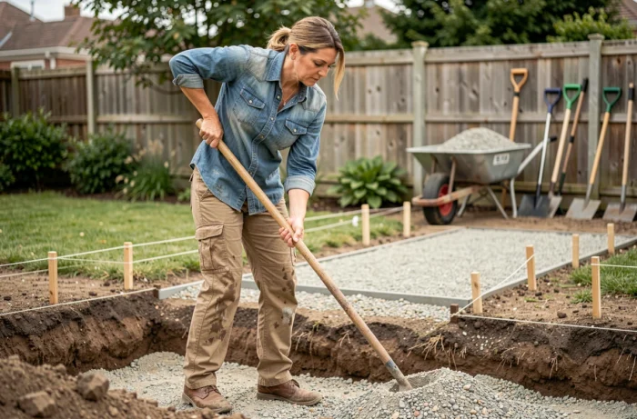 Femme compactant une sous-couche de gravier pour préparer l'assise d'une allée de dalles de jardin