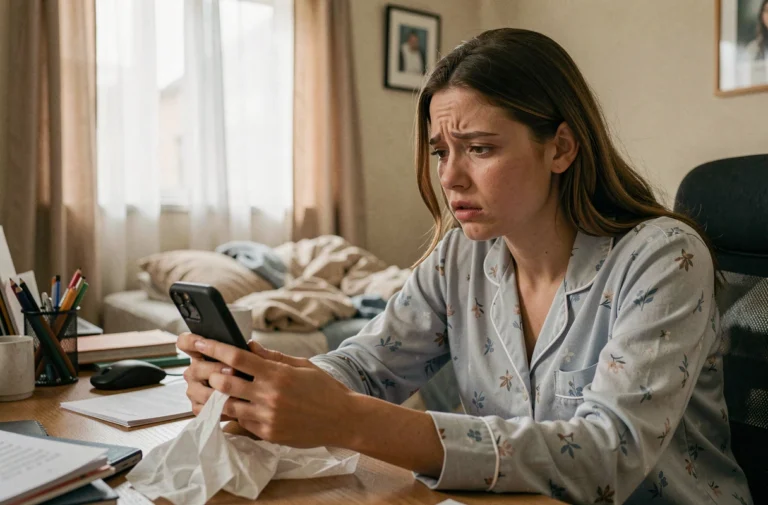 Femme malade en pyjama tenant son téléphone et un mouchoir, prête à prévenir son employeur de son absence