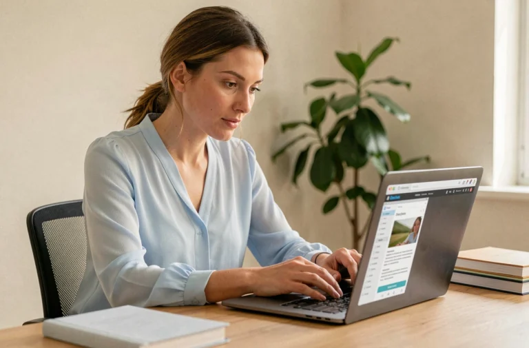 Femme utilisant un ordinateur portable pour se familiariser avec la plateforme Mélanie2Web dans un bureau à domicile bien organisé
