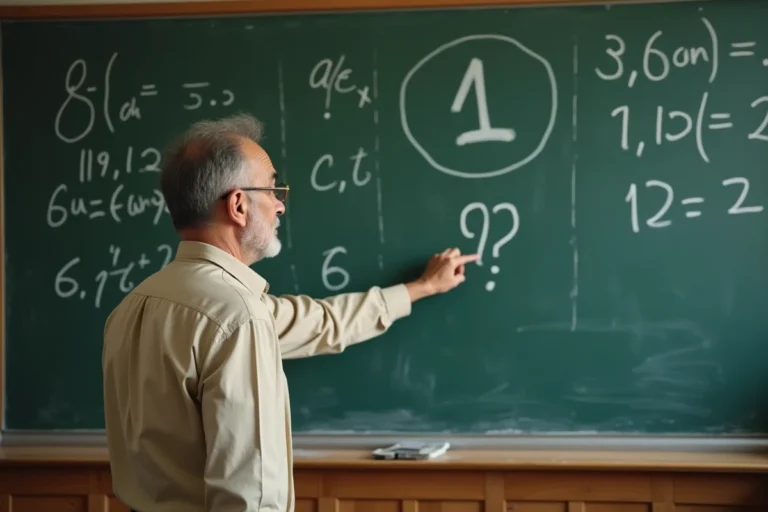 Professeur de mathématiques devant un tableau noir avec le chiffre 1 entouré et des séquences de nombres premiers écrits à la craie