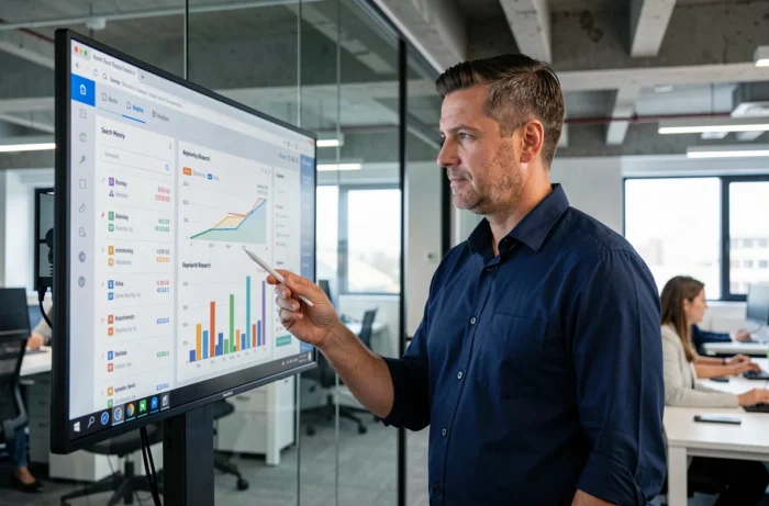 Professionnel en marketing digital analysant des données de référencement naturel sur un écran de bureau dans un open space moderne