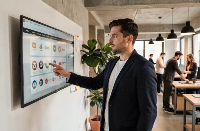 Professionnel présentant une nouvelle identité de marque de streaming dans un bureau de startup parisienne