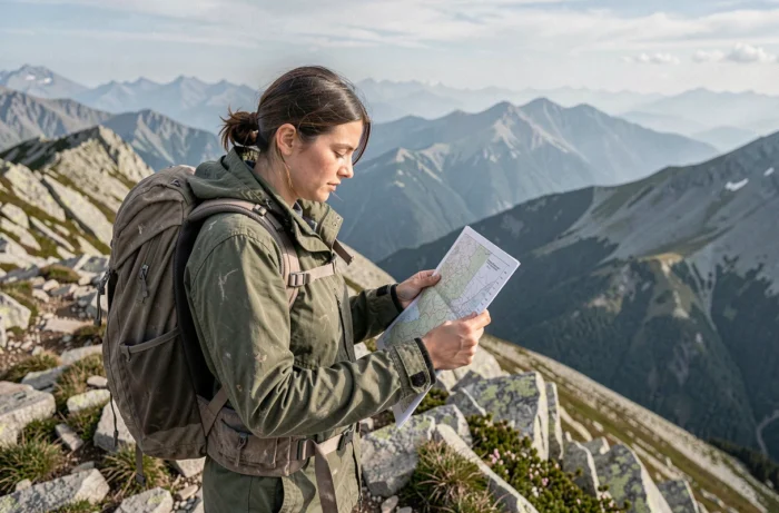 Randonneuse consultant une carte topographique au sommet d'une crête montagneuse lors d'un voyage d'aventure