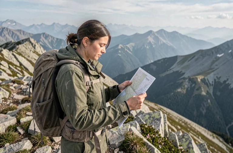 Randonneuse consultant une carte topographique au sommet d'une crête montagneuse lors d'un voyage d'aventure