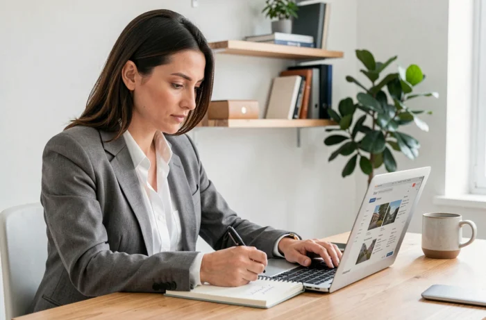 Une femme analyse des annonces immobilières sur un ordinateur portable dans un bureau moderne et organisé
