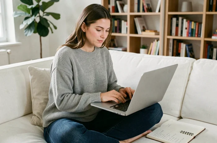 Femme cherchant un bien immobilier en ligne sur son ordinateur portable depuis son salon moderne
